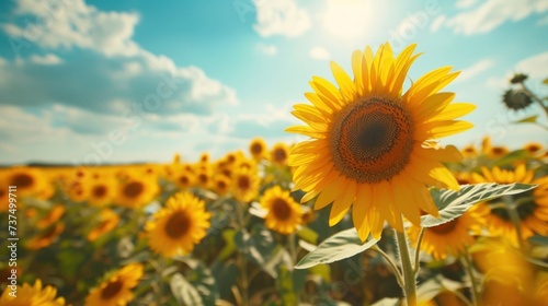 Majestic sunflowers swaying gracefully in a sun-drenched field against a backdrop of endless blue skies