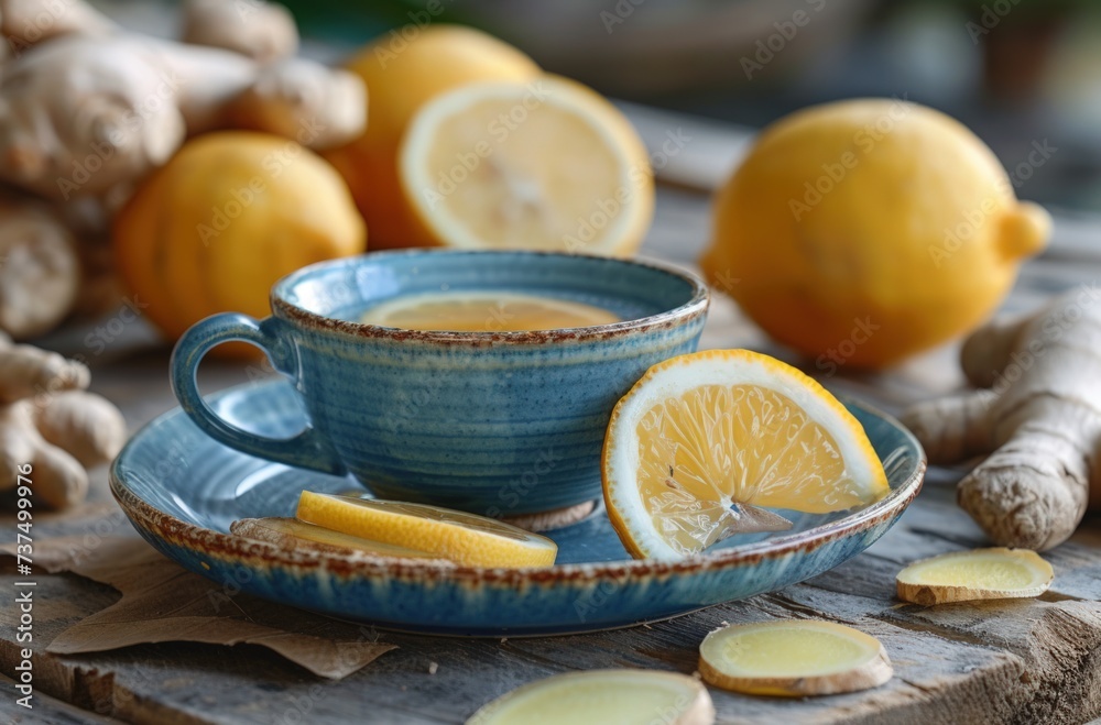 Fototapeta premium ginger tea with ginger root on a table with a slice of lemon on top of it
