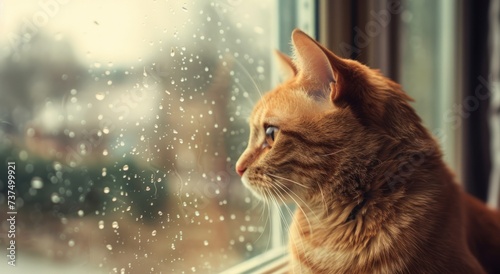 cat sits staring out of a window,