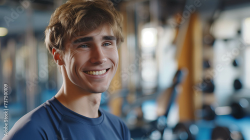 Caucasian man in exercise clothes smiling confidently in the gym.