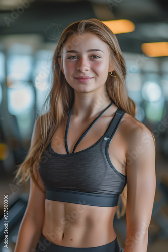 Caucasian woman in exercise clothes smiling confidently in the gym. Free Download Caucasian woman in exercise clothes smiling confidently in the gym. - GFXLoad