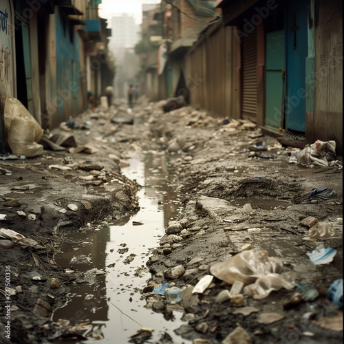 Neglected urban area with littered water reflecting poverty and urban decay, suitable for social awareness and documentary.