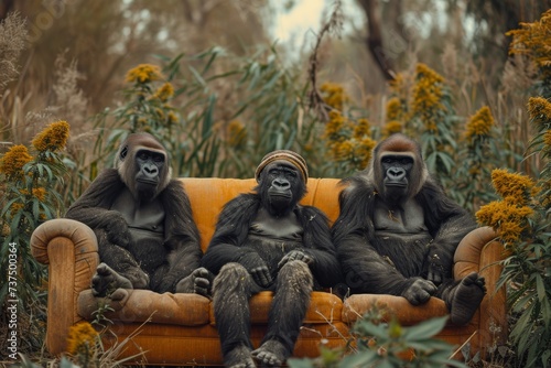 Gorillas in clothes are sitting on a couch outside