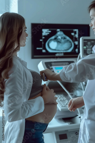 Caucasian woman undergoes pregnancy ultrasound at hospital.