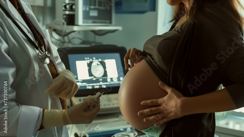 Caucasian woman undergoes pregnancy ultrasound at hospital.