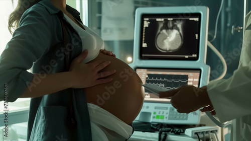 Caucasian woman undergoes pregnancy ultrasound at hospital. photo