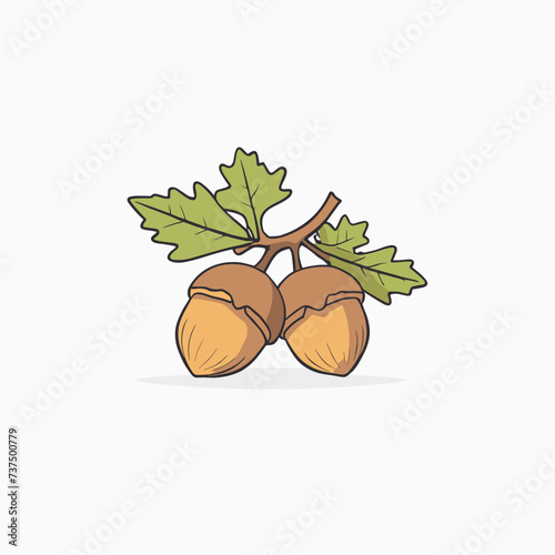 Cartoon Acorn with Leaves on Gray Background
