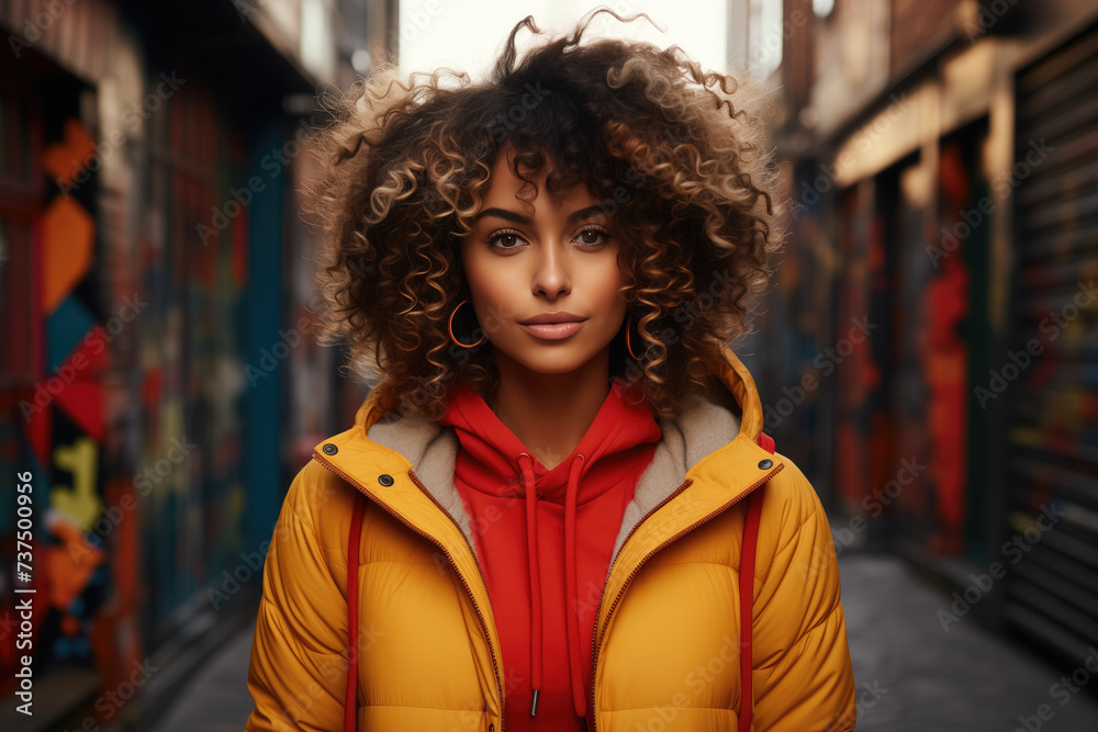 Generative AI image of woman with curly hair on city street