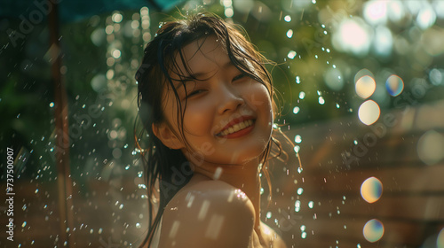 Asian woman in swimsuit bathing outdoors.