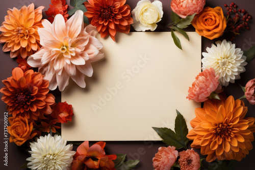 Generative AI illustration of beige canvas surrounded by a vibrant array of dahlias and roses in a warm color palette