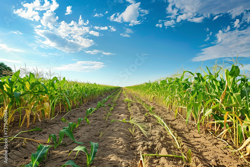 Lush cornfield under a blue sky with clouds. Ideal for agricultural websites, farm produce advertisements, and educational content on sustainable farming.