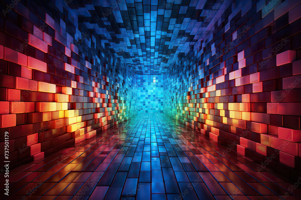 Neon cubic corridor, ultraviolet virtual reality portal. Abstract image. Generated by artificial intelligence Neon cubic corridor, ultraviolet virtual reality portal. Abstract image. Generated by artificial intelligence