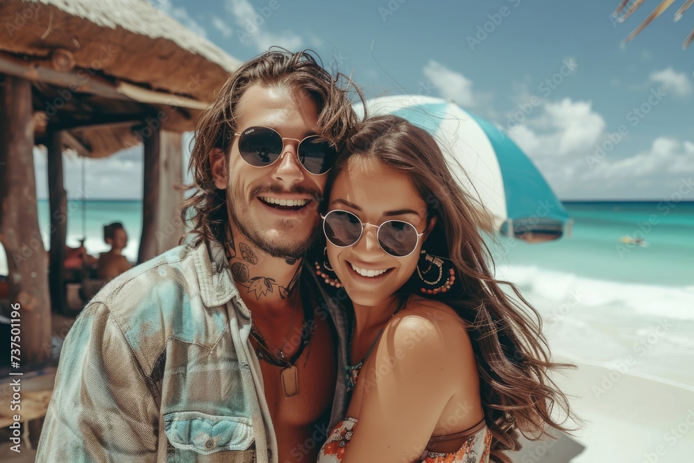 A beautiful couple enjoying their holiday at beautiful resort at tropical beach