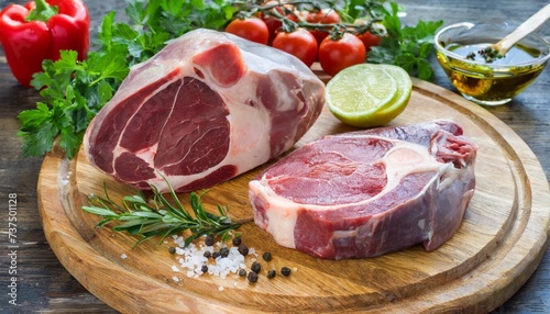 raw fresh cross cut veal shank steak vegetables and seasonings for preparing italian osso buco on a round wooden cutting board