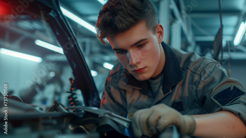 Caucasian man repairing car in auto repair shop. © S photographer