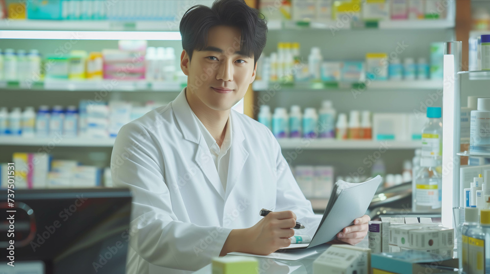 Asian male pharmacist checking documents in pharmacy.