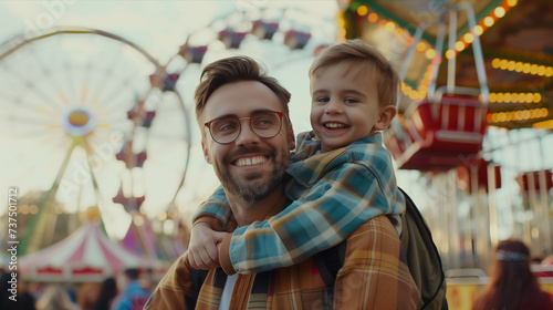 Caucasian father holding son in amusement park.
