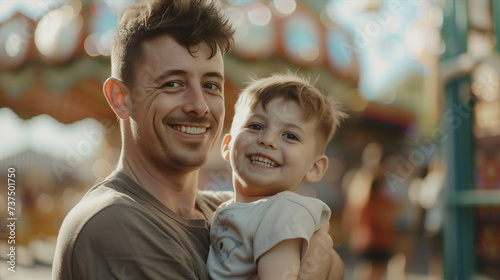 Caucasian father holding son in amusement park.