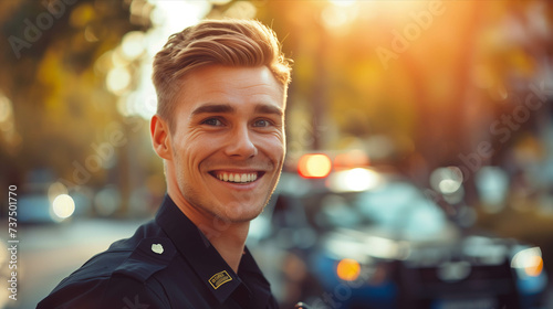 A Caucasian male police officer smiles with confidence while working the streets. photo