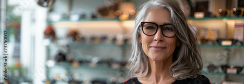 Caucasian woman tries on fashionable eyeglasses in eyeglasses store.