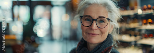 Caucasian woman tries on fashionable eyeglasses in eyeglasses store.