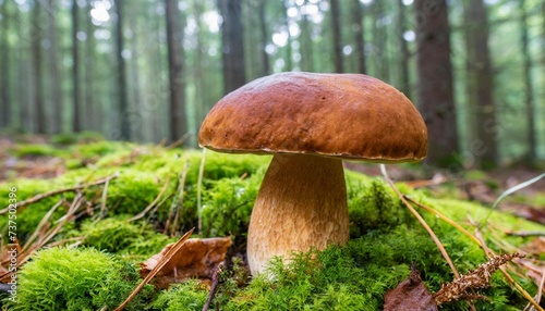 a bay bolet stands on a forest floor covered with moss