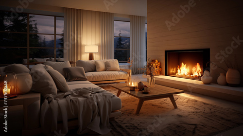 Modern Inviting Coziness: Warm Living Room with Fireplace © Ibe