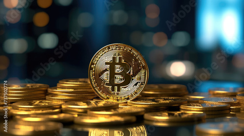 The pile of Bitcoin coins with blurred stock market view background