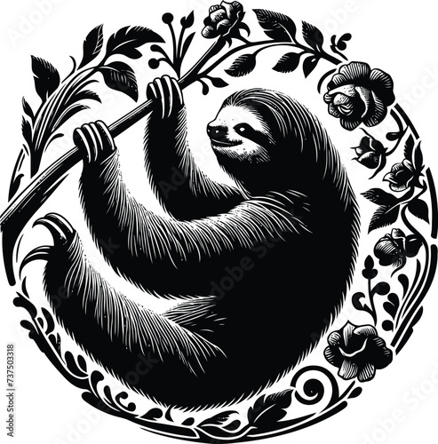 sloth silhouette flowers ornament decoration, floral vector design