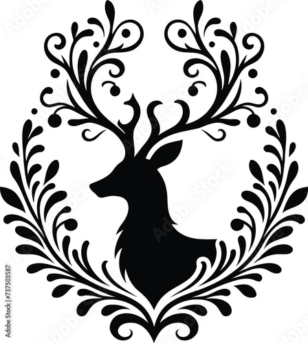 reindeer, deer silhouette flowers ornament decoration, floral vector design