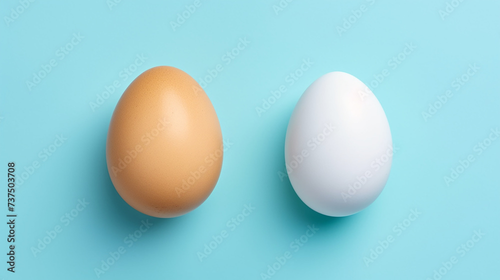 White and brown eggs on blue background. Minimal easter concept White and brown eggs on blue background. Minimal easter concept