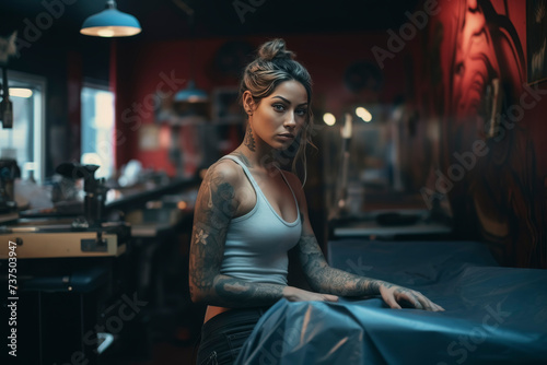 Tattooed Woman Contemplating in Tattoo Parlor photo