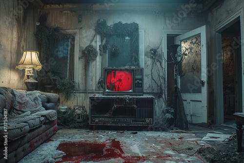 eerie red television screen in dirty living room © Ai Inspire