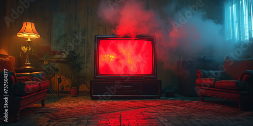 eerie red television screen in dirty living room