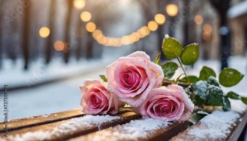 pink roses lightly dusted with snow rest on a wooden bench against a blurred background of a street with streetlights and trees in a soft romantic mood