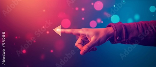 Human Hand Pointing Towards a Glowing Virtual Interface Amidst a Colorful Bokeh Background