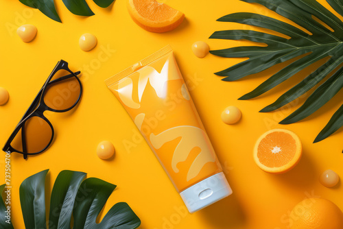 Suncream sun lotion packaging mockup tube on a bright sunny background with tropical palmtree leaf photo