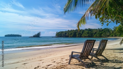 A serene beach scene with chairs arranged on the sandy shore  inviting relaxation by the sea
