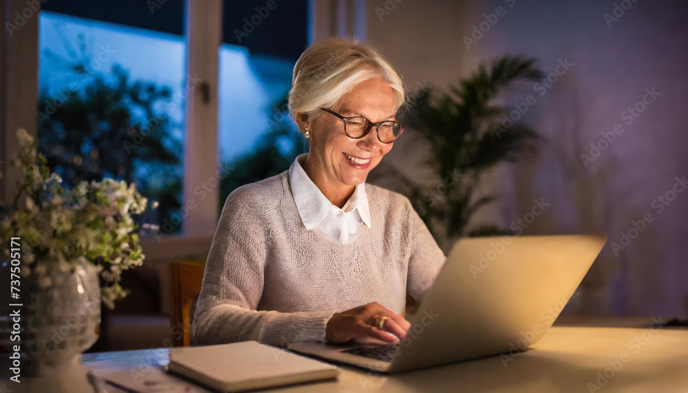 senior person working on laptop; home office senior person working on laptop; home office