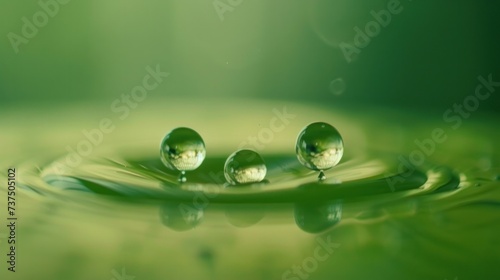 A trio of water droplets captured in stunning detail against a soft, green backdrop, evoking a sense of tranquility and the beauty of nature