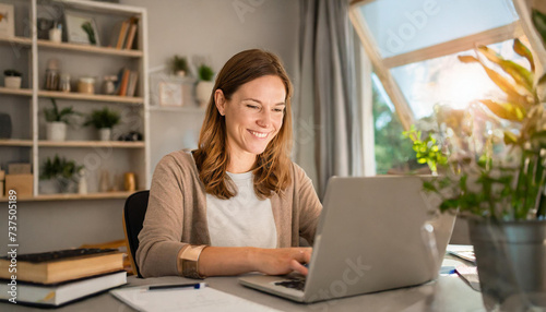 woman working on laptop; home office; online meeting