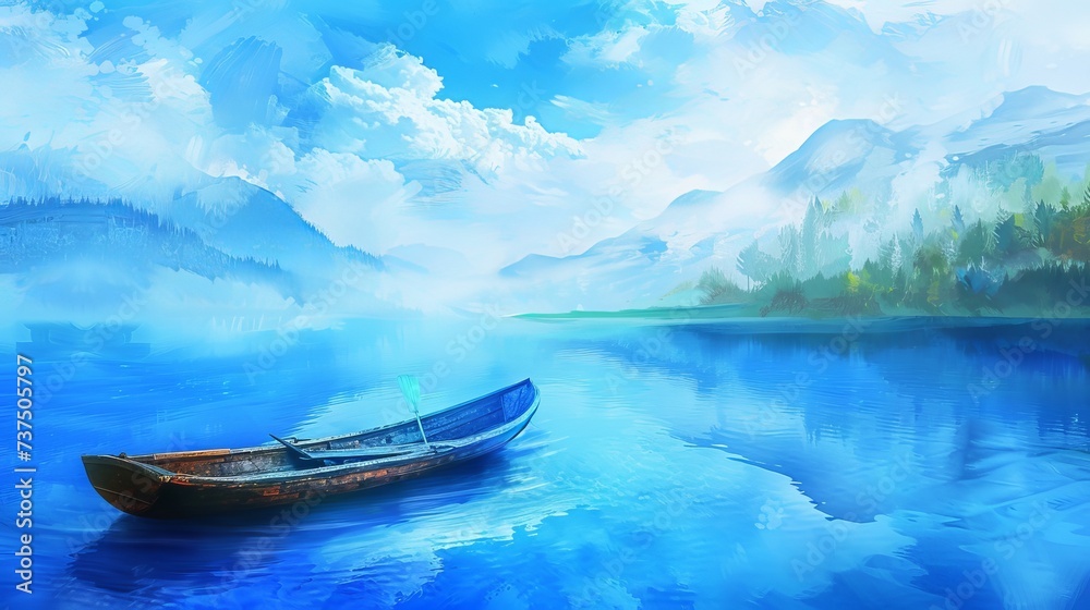  serene natural landscape in hues of blue, featuring a boat gently floating on the smooth