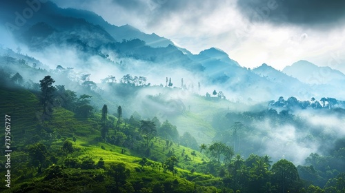 An awe-inspiring morning view of mountains shrouded in mist, showcasing the breathtaking natural scenery