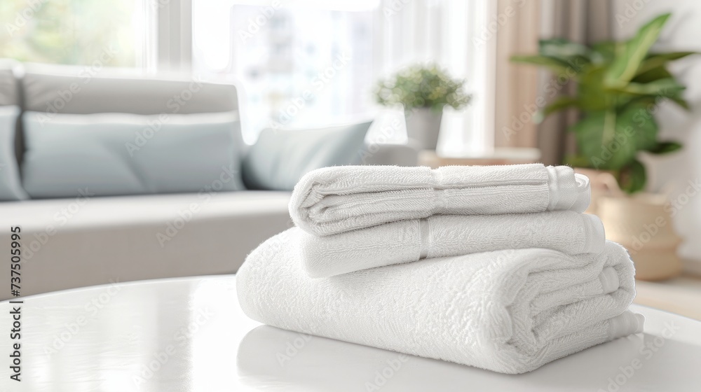 Neatly rolled up white towels are displayed on a white table, with ample copy space