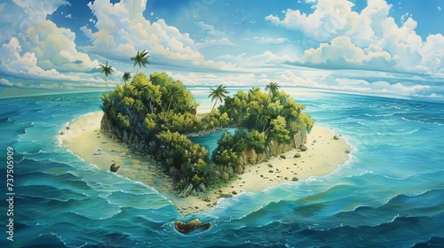 A captivating image of Paradise Island, uniquely shaped like a heart, embodying a romantic and idyllic escape in nature