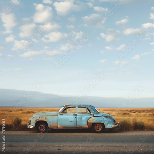 Vintage Car in a Desert Landscape at Sunset © HustlePlayground