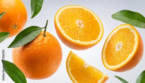 orange fruits and slices of orange fruit levitating inr on white background