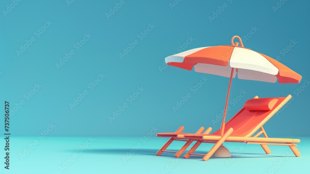 A relaxing vacation and travel concept featuring a beach umbrella and chair, inviting a sense of leisure and enjoyment by the seaside A relaxing vacation and travel concept featuring a beach umbrella and chair, inviting a sense of leisure and enjoyment by the seaside
