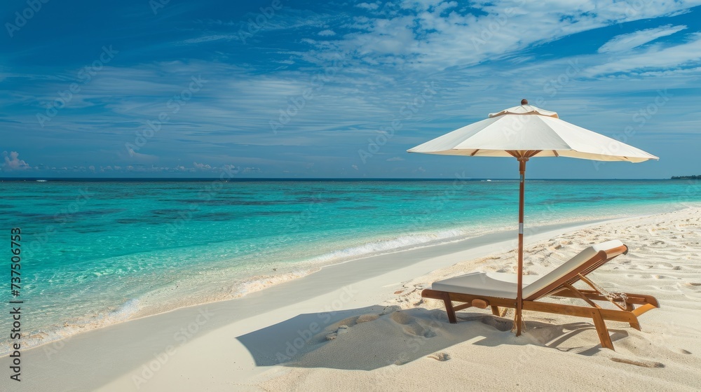 A relaxing vacation and travel concept featuring a beach umbrella and chair, inviting a sense of leisure and enjoyment by the seaside