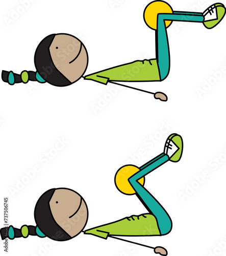 Cartoon vector illustration of a girl exercising - reverse crunch with medicine ball between knees